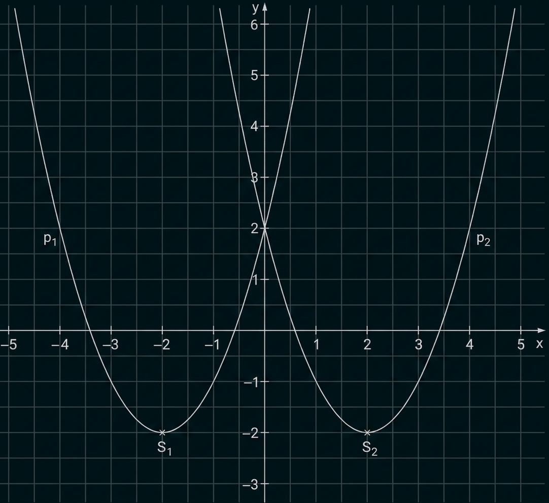 Zwei nach oben geöffnete Parabeln im Koordinatensystem mit Scheitelpunkten bei etwa (-2,-2) und (2,-2).